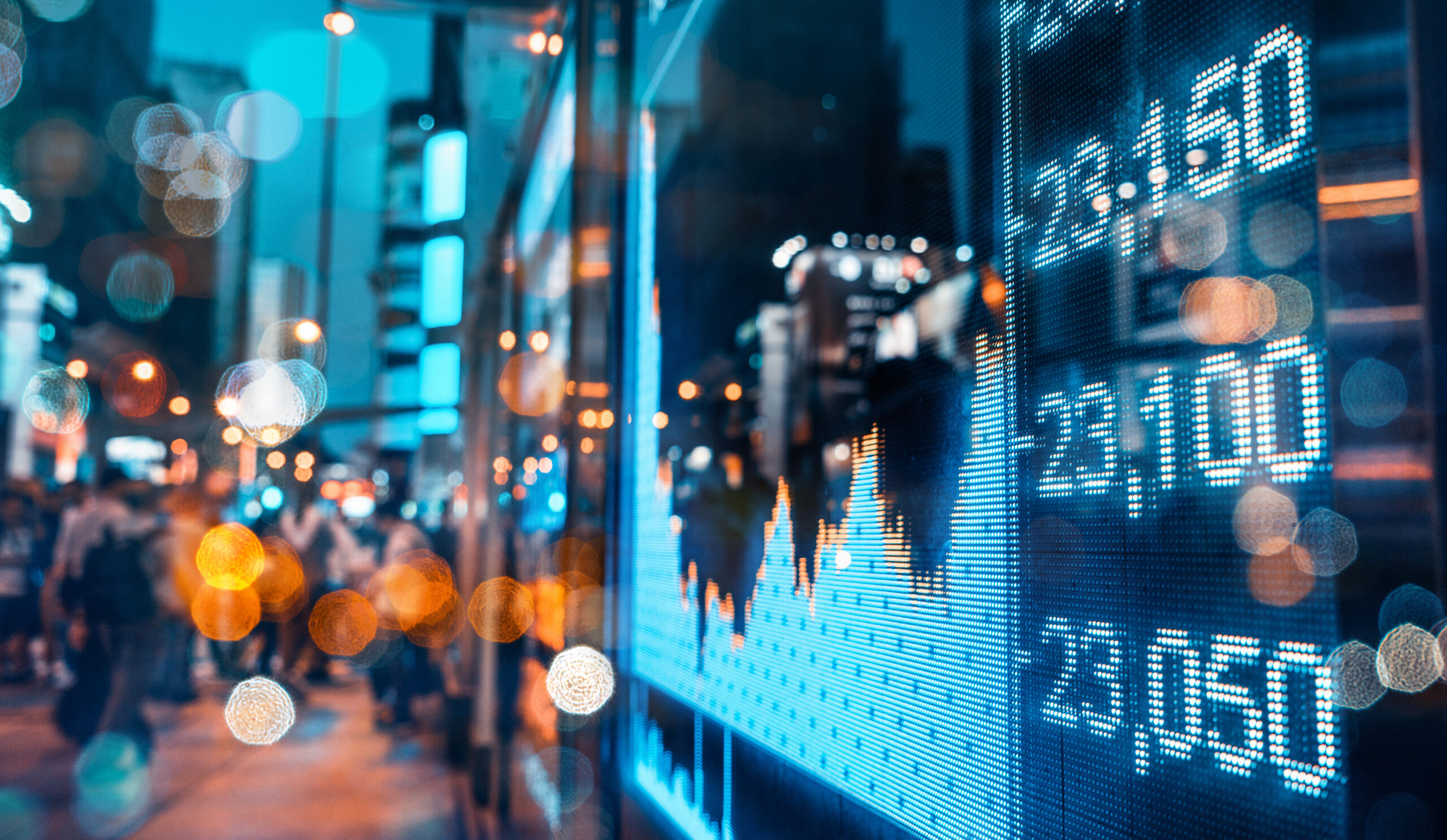 Display,of,stock,market,quotes,with,city,scene,reflect,on